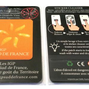 Sticker Cleaner objet pub Vin Sud de France IGP patch microfibre smartphone